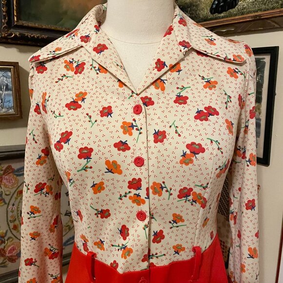 70s Vintage Groovy Marcia Brady Red Floral Knee Length Long Sleeve Dress M/L - Picture 2 of 5
